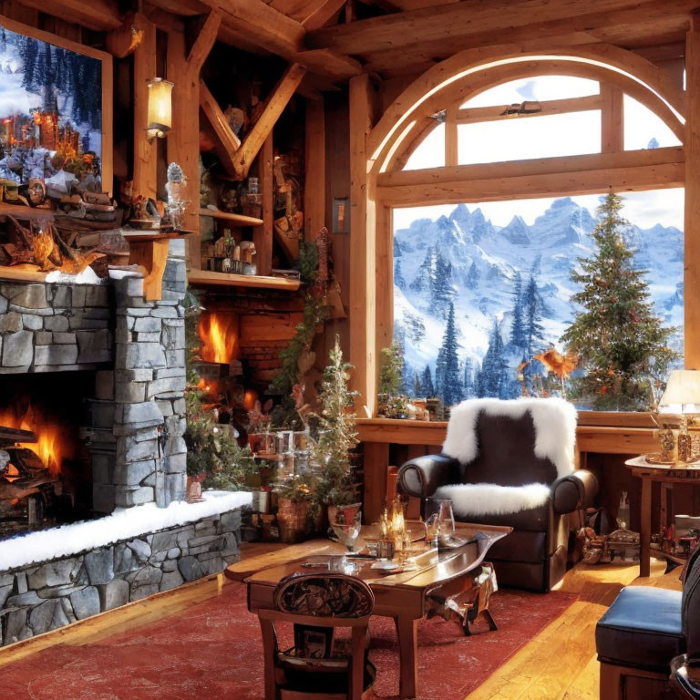 Inside a Swiss chalet, snow capped mountain view o