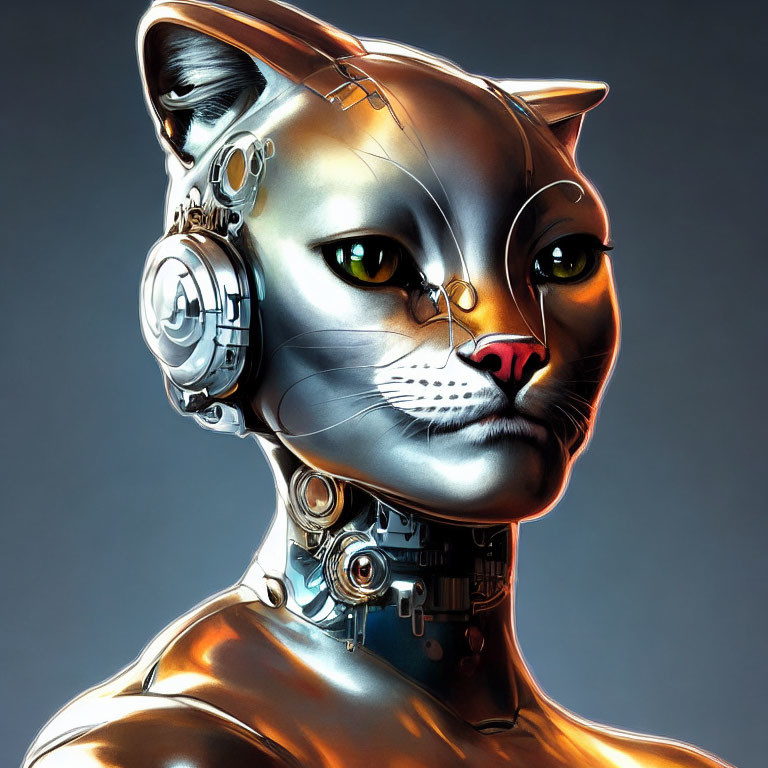 Digital Artwork: Cat with Humanoid Robotic Features on Grey Background