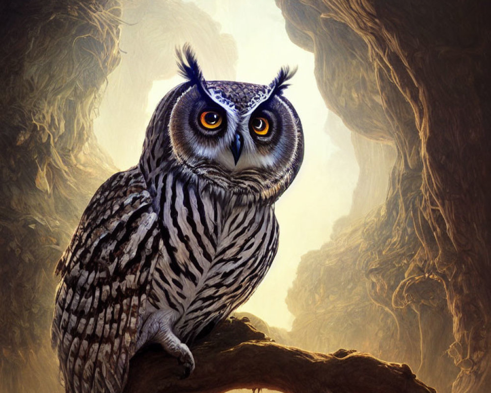 Majestic owl on gnarled branch in golden-lit woodland