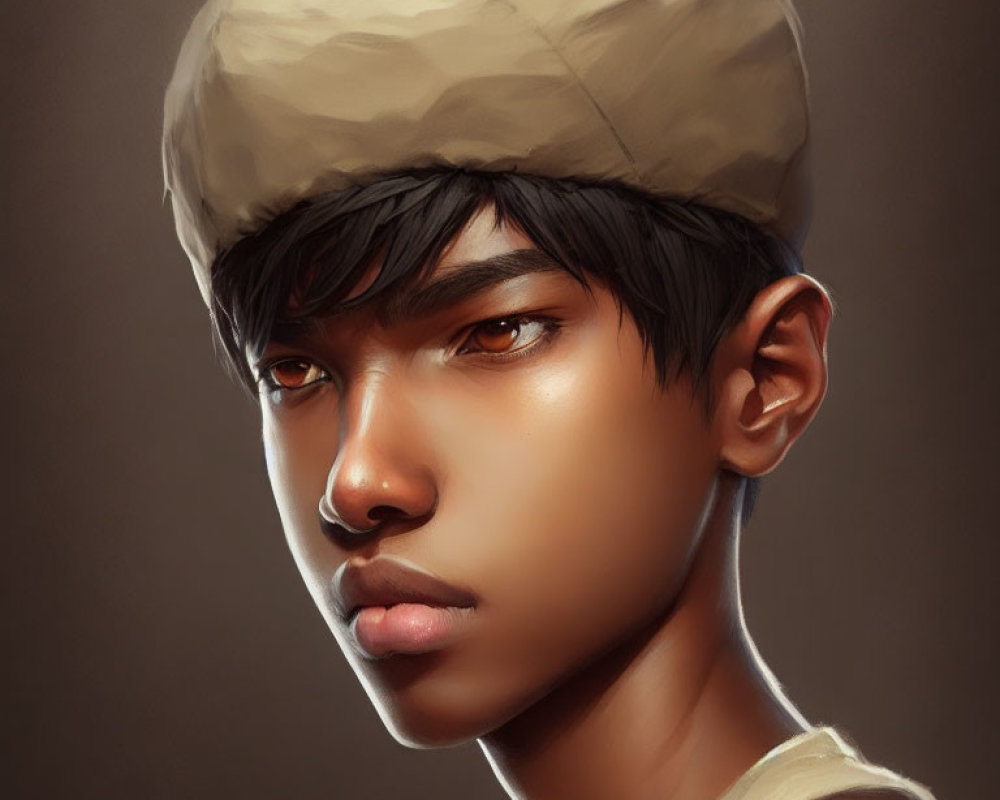 Serious young person in cap and white shirt against brown background