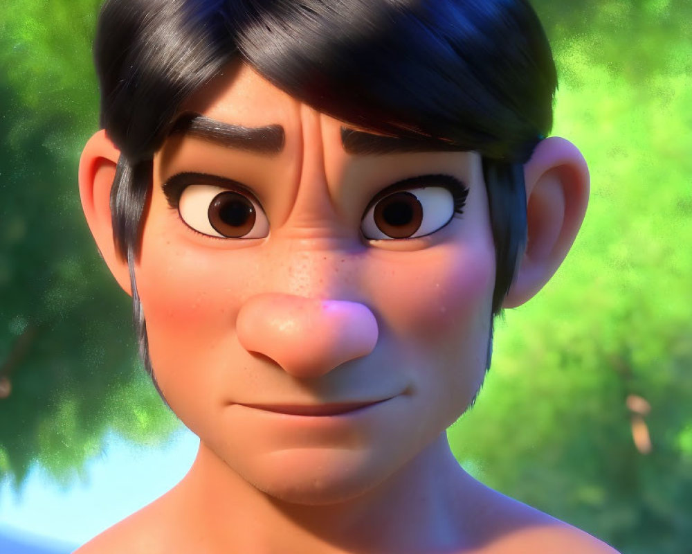 Close-Up of Smiling Male Animated Character with Dark Hair