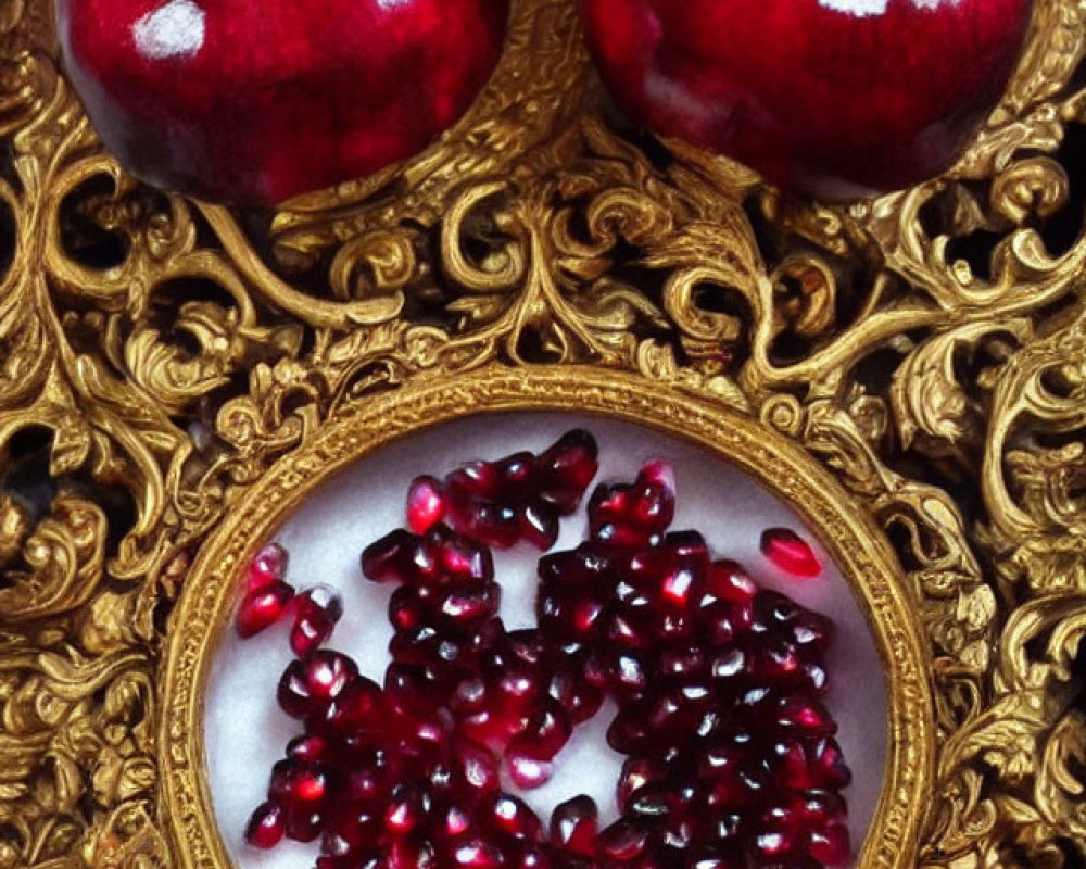 Fresh pomegranates and seeds on golden-patterned background