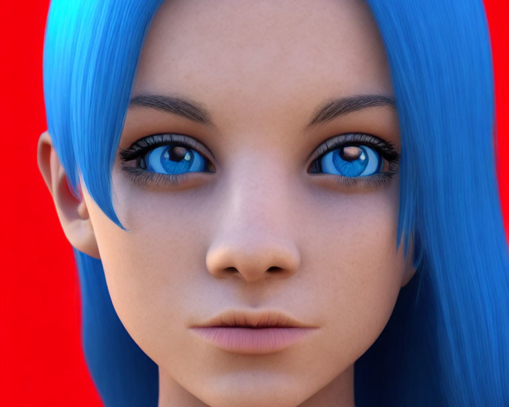 Vivid 3D animated female character with blue hair and eyes on red backdrop