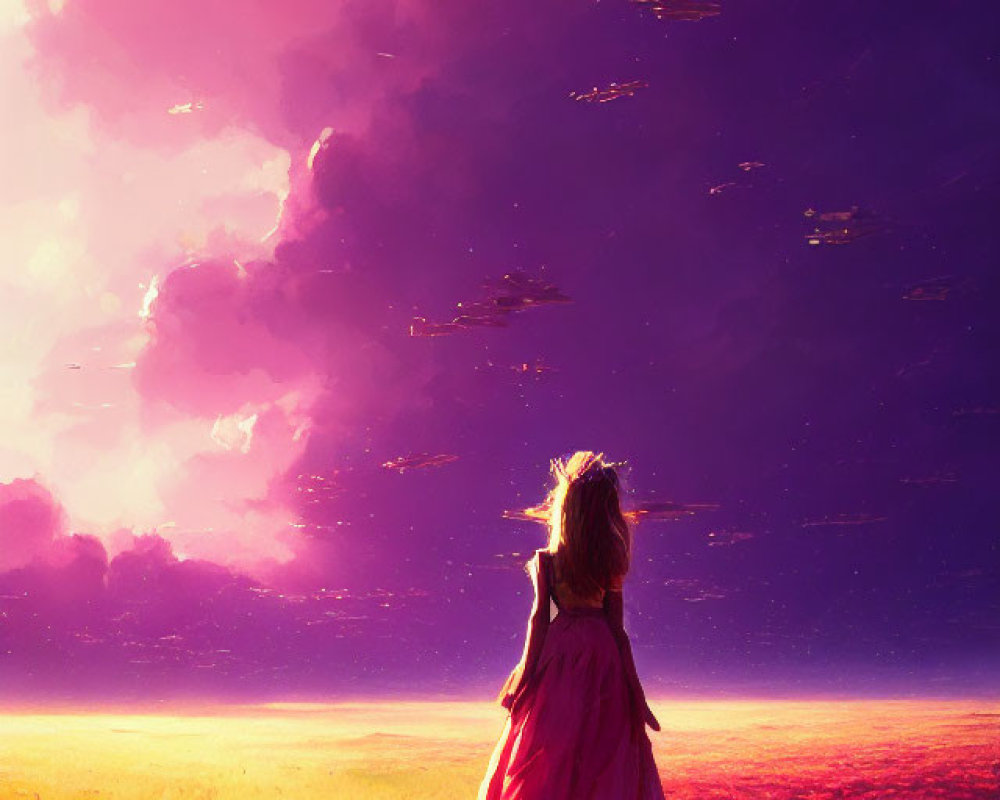 Girl in Pink Dress Standing in Flower Field Under Dramatic Sky
