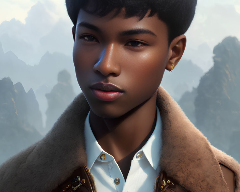 Young person in shearling collar jacket against mountain backdrop