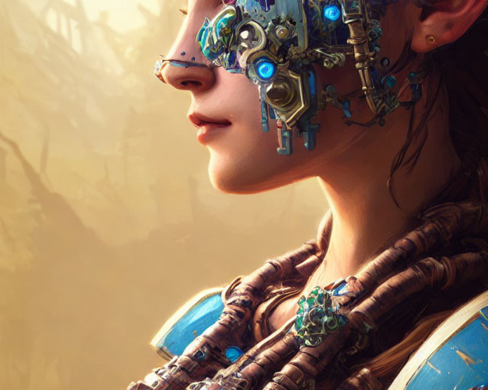 Female character portrait: elf ears, mechanical head parts, glowing blue eyes, braided hair, soft