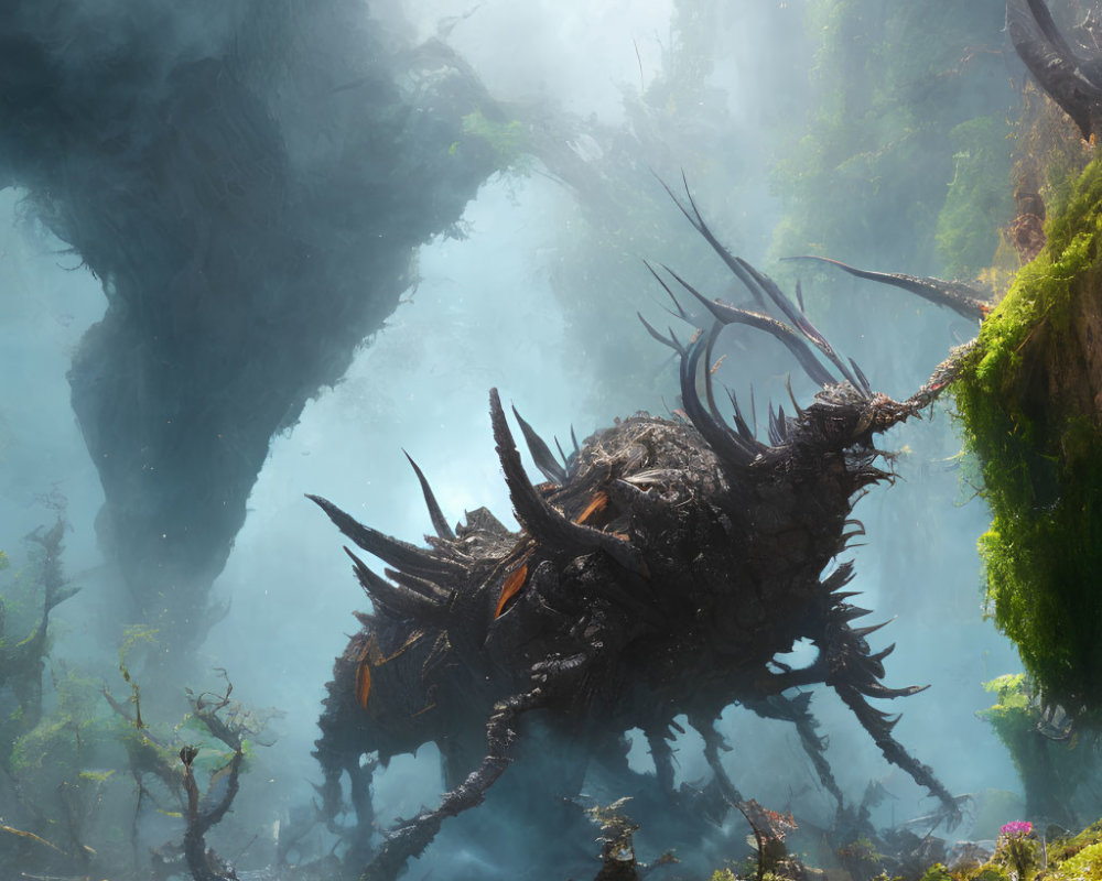 Mystical black creature with horns and spikes in sunlit forest clearing