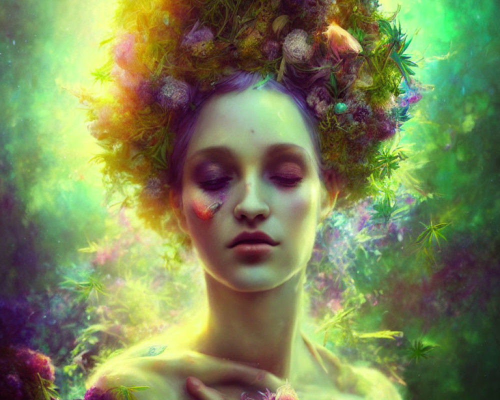 Portrait of a person with floral crown and vibrant makeup in mystical, colorful mist