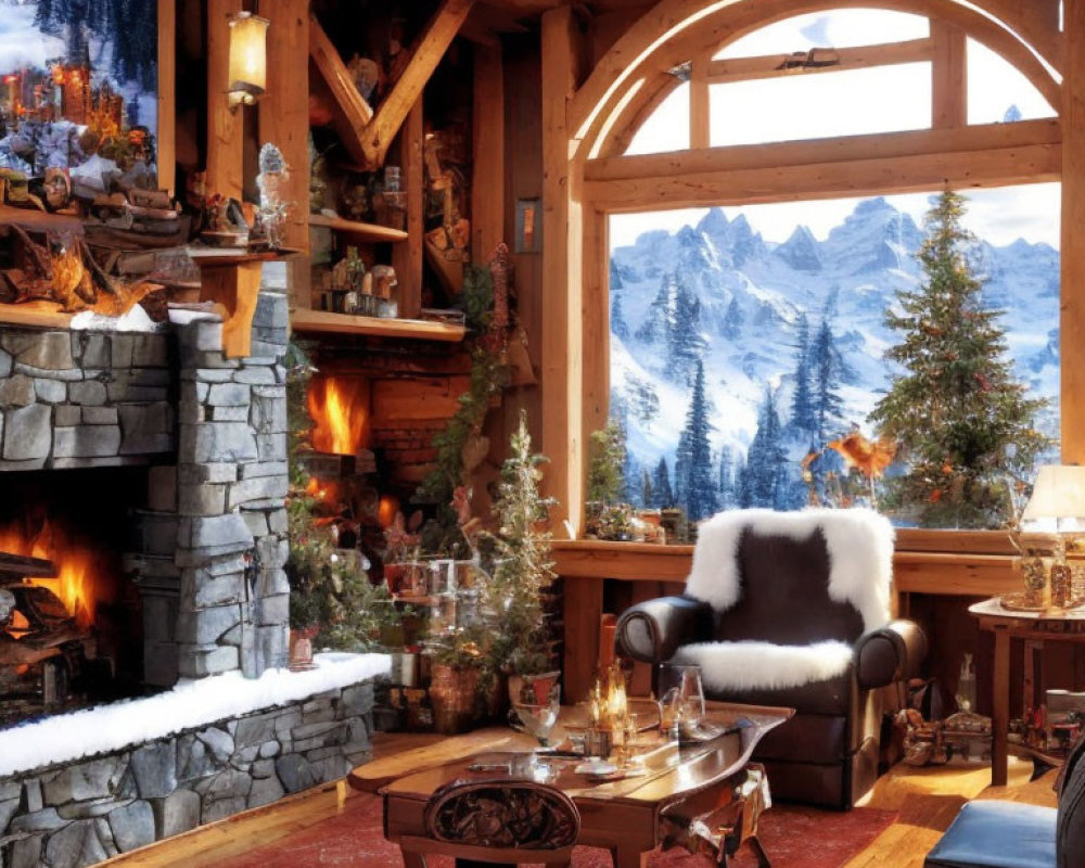 Mountain cabin interior with roaring fireplace, wooden beams, arched window, snowy view, festive decor