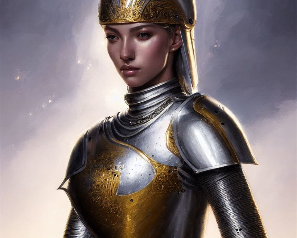 Digital artwork of serious woman in ornate medieval armor with gold detailing