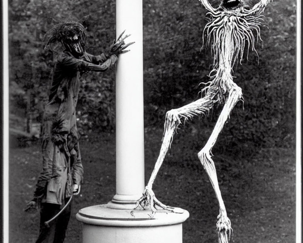 Black and White Photo of Grotesque Human-like Figures with Elongated Limbs