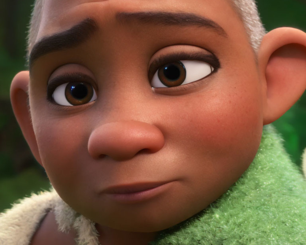 Detailed 3D animated young boy with expressive eyes and freckles in green garment against natural backdrop