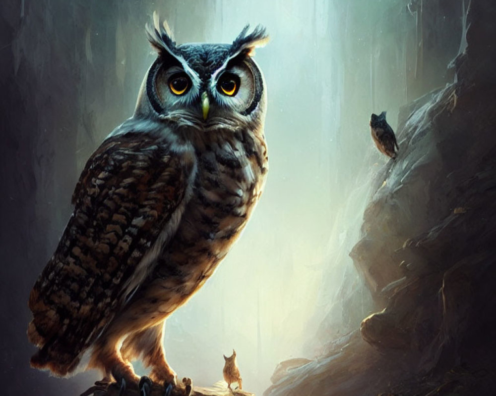 Majestic owl perched on branch in mystical forest