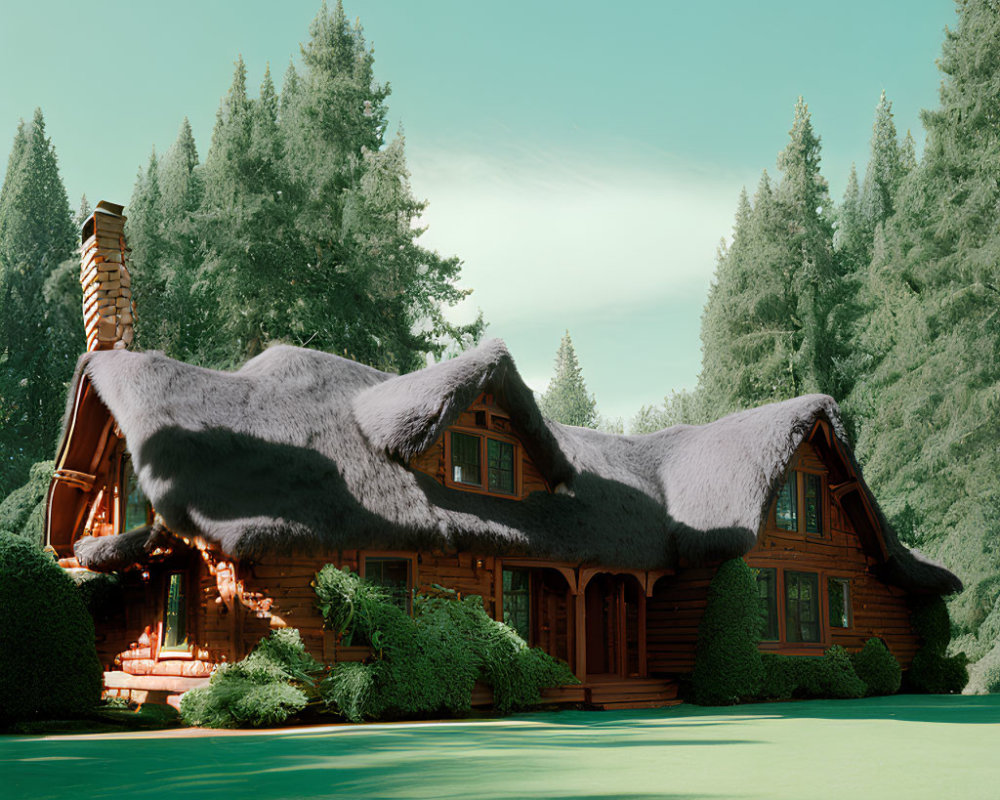 Snow-covered log cabin nestled among tall evergreen trees