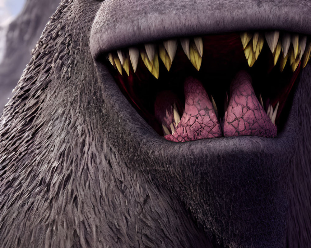 Detailed view of fierce animated monster with yellow teeth and red eyes