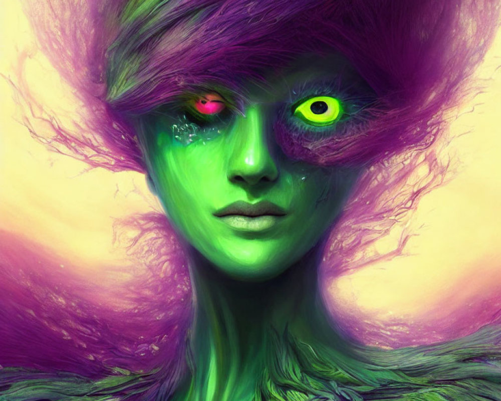 Digital Art: Character with Green Skin, Neon Eyes, Red Eye, and Purple Hair
