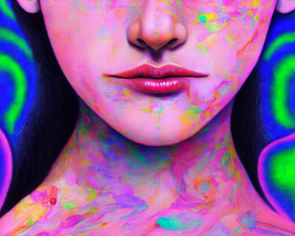 Vibrant multicolored face paint close-up on purple and blue background