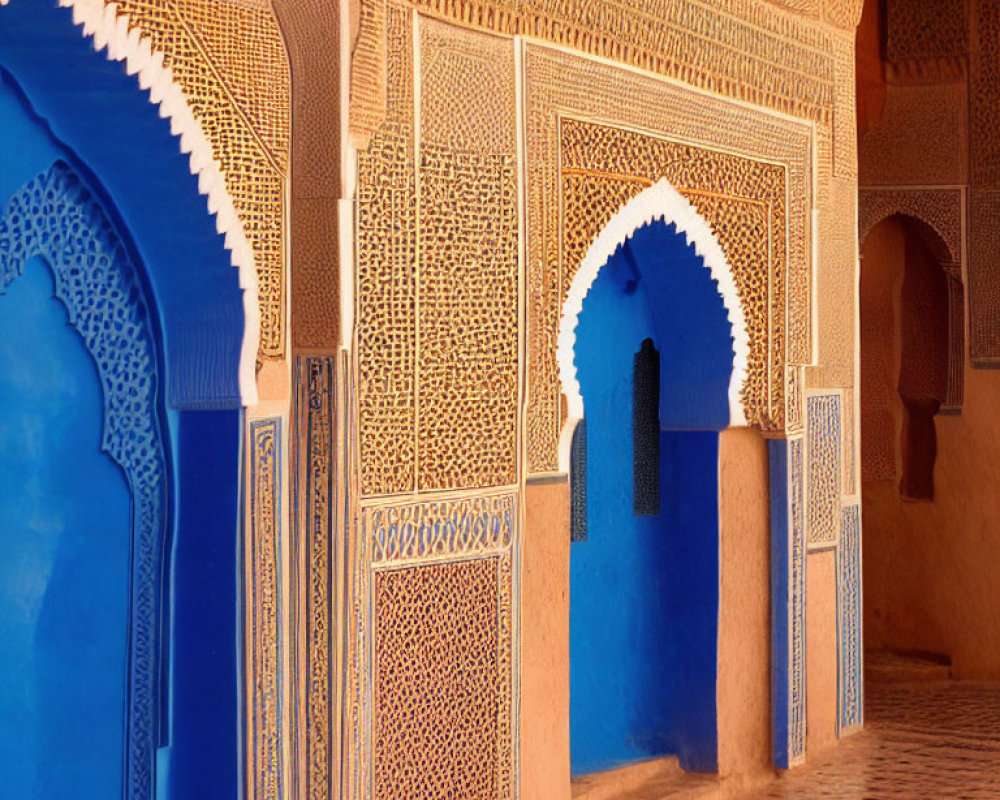 Intricate Patterns on Vibrant Blue Arches in Traditional Moroccan Building