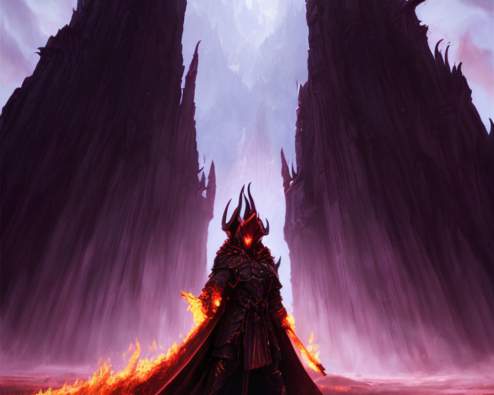 Dark-armored figure in fiery landscape with spiked towers