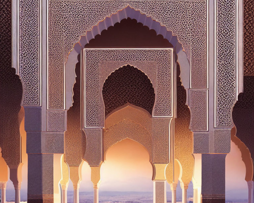 Islamic arches with geometric patterns at sunset