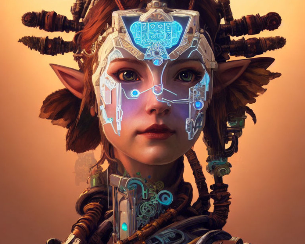 Fantasy character illustration with elfin features and glowing blue facial markings