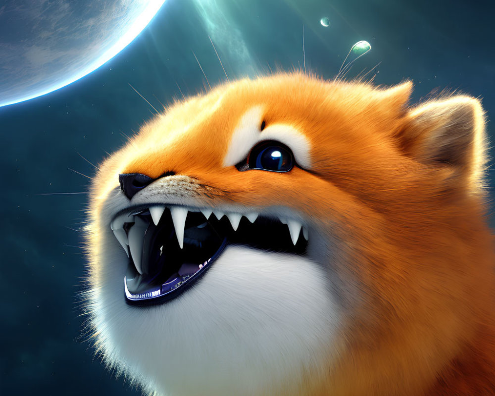 Shiba Inu with space background and planet moons