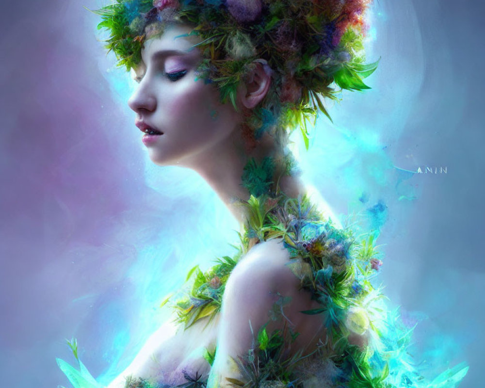 Woman with Vibrant Floral Headdress and Foliage in Serene Setting