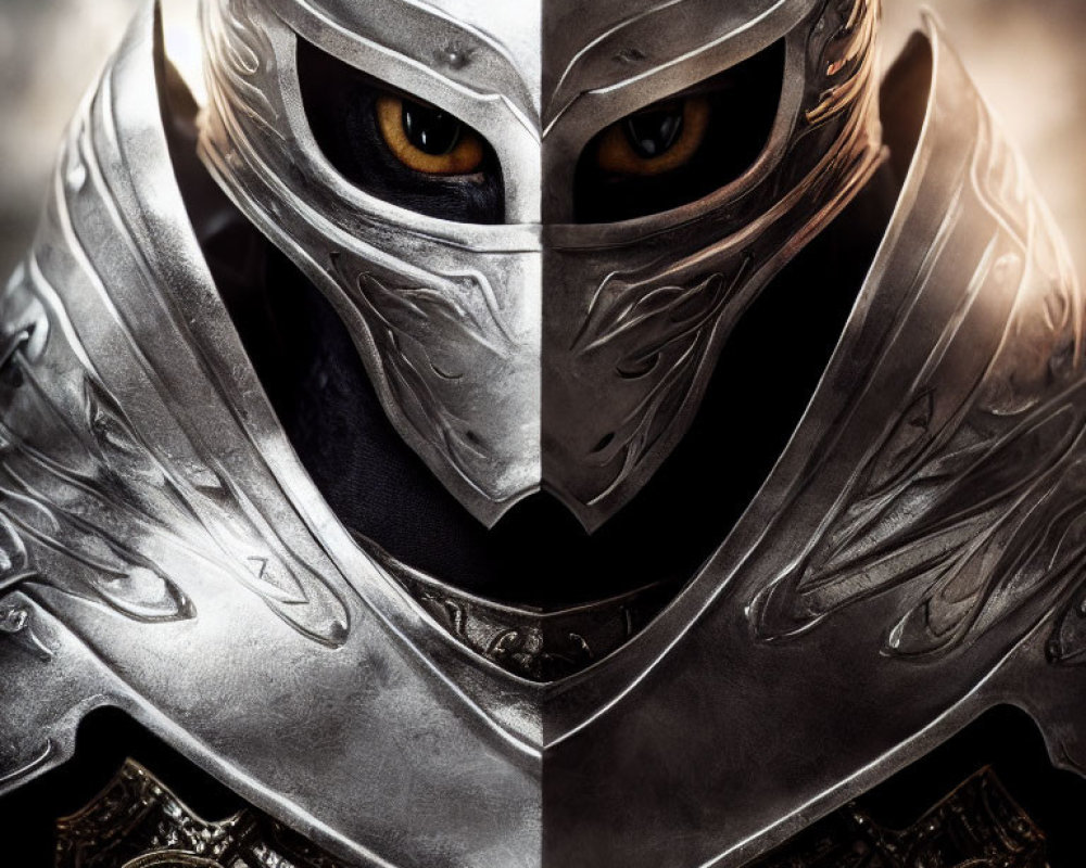 Detailed image: Person in ornate metallic armor helmet with yellow eyes.