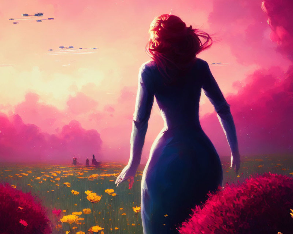 Woman gazing at violet field under pink sky with floating ships