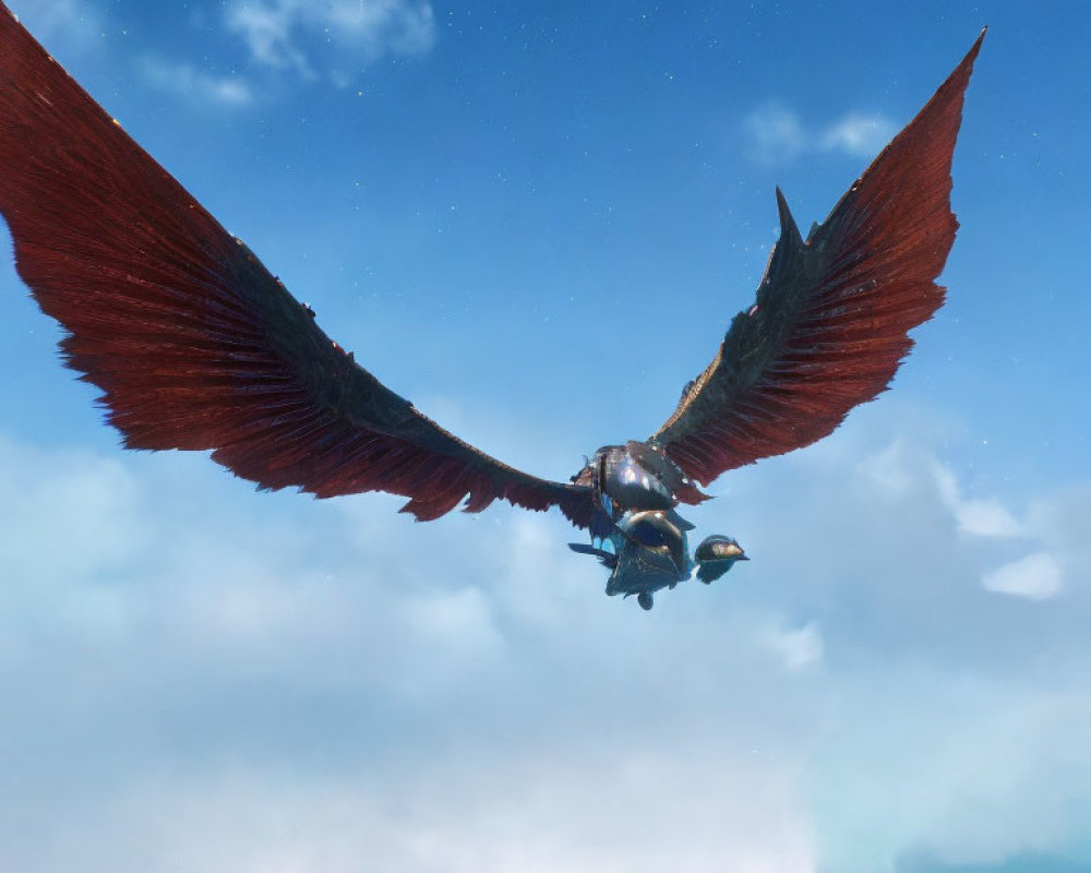 Red-winged creature with rider in armor flying in cloudy sky