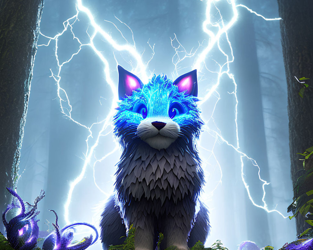 Blue-eyed fluffy cat in mystical forest with glowing accents & lightning