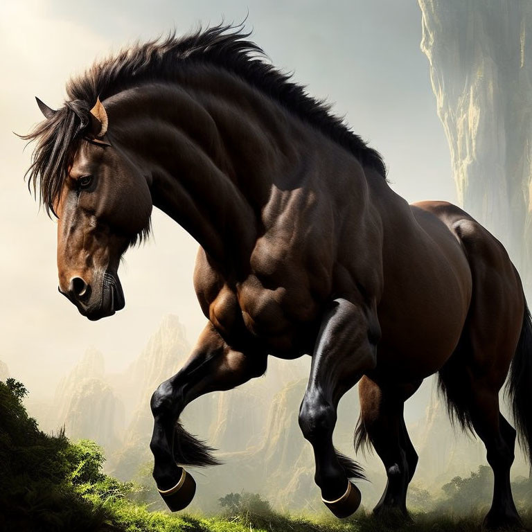Majestic brown horse galloping in sunlit forest