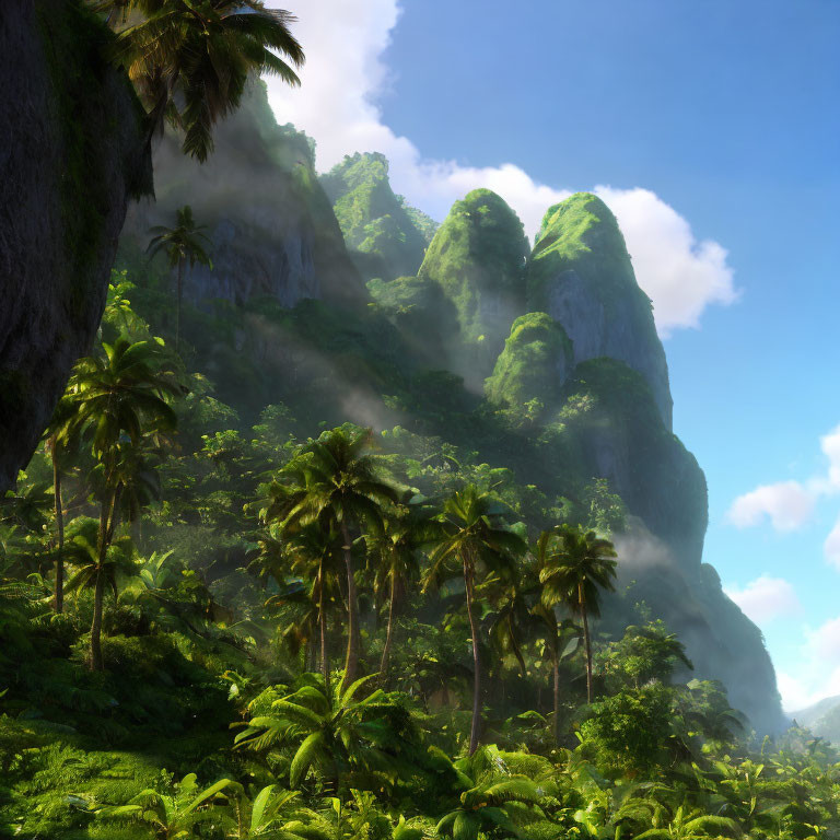 Tropical mountain landscape with cliffs, mist, and palm trees