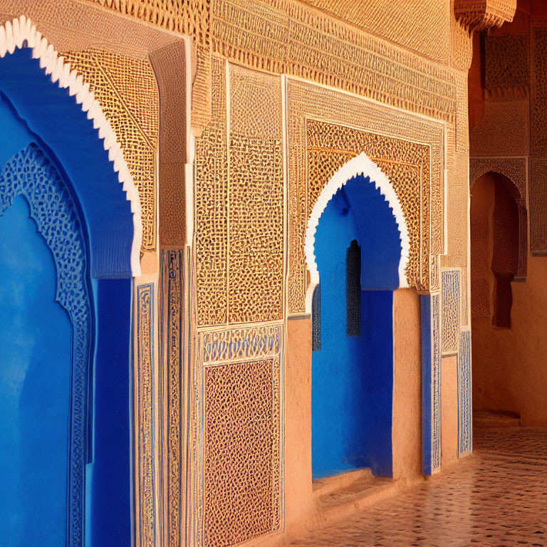 Intricate Patterns on Vibrant Blue Arches in Traditional Moroccan Building