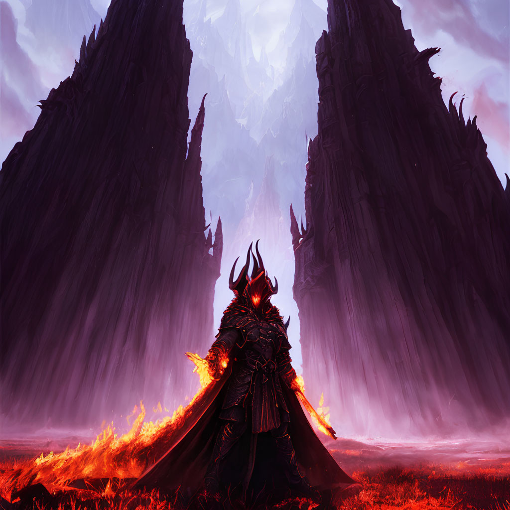 Dark-armored figure in fiery landscape with spiked towers