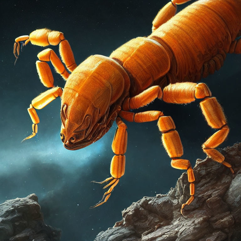 Detailed Close-Up of Oversized Orange Flea on Cosmic Background