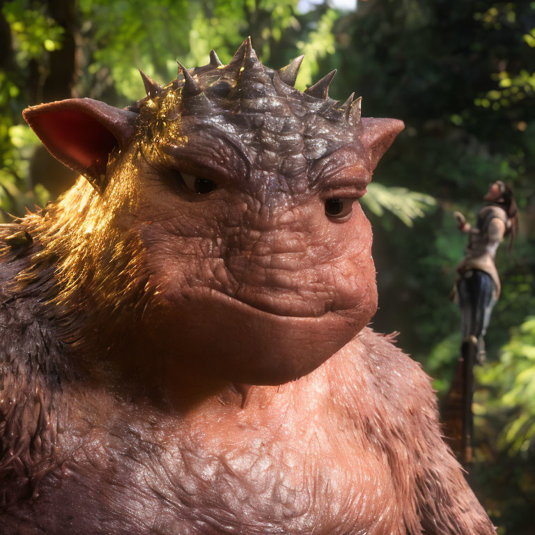 Fantastical CGI creature with spiky head and person in background