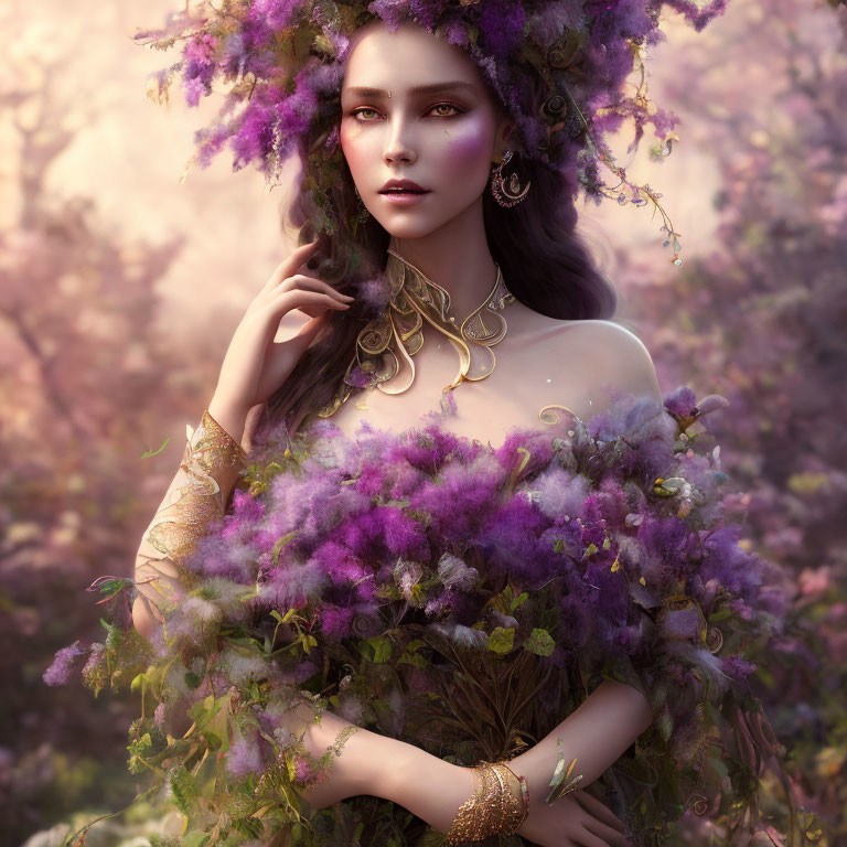 Surreal portrait of a woman with purple floral elements and golden jewelry