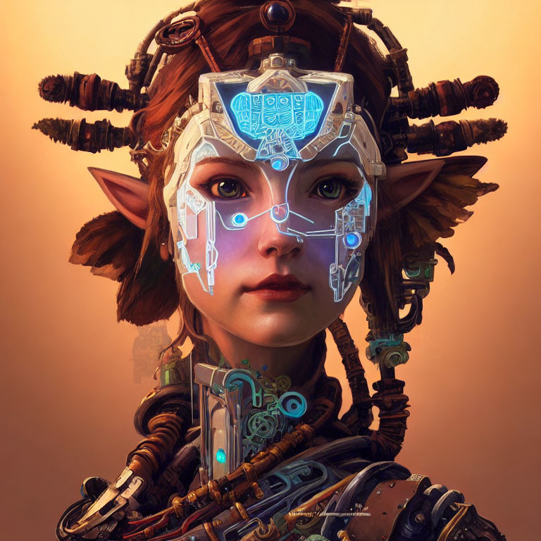 Fantasy character illustration with elfin features and glowing blue facial markings
