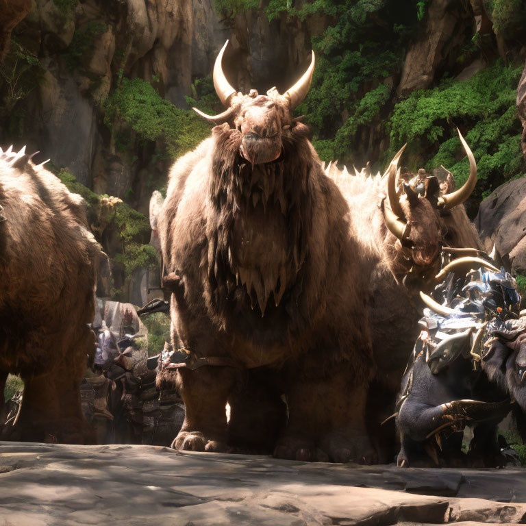 Majestic horned beasts and armored figures in a forest scene