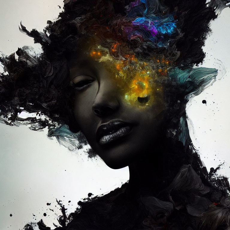 Abstract surreal portrait with cosmic explosion of colors on dark backdrop