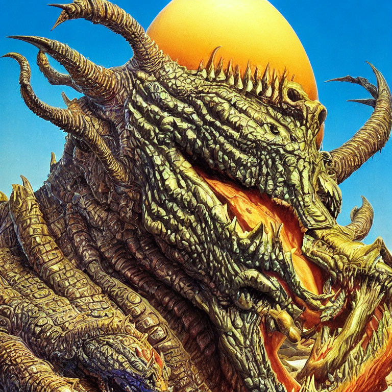 Detailed dragon illustration with layered scales and sharp horns on blue sky backdrop.