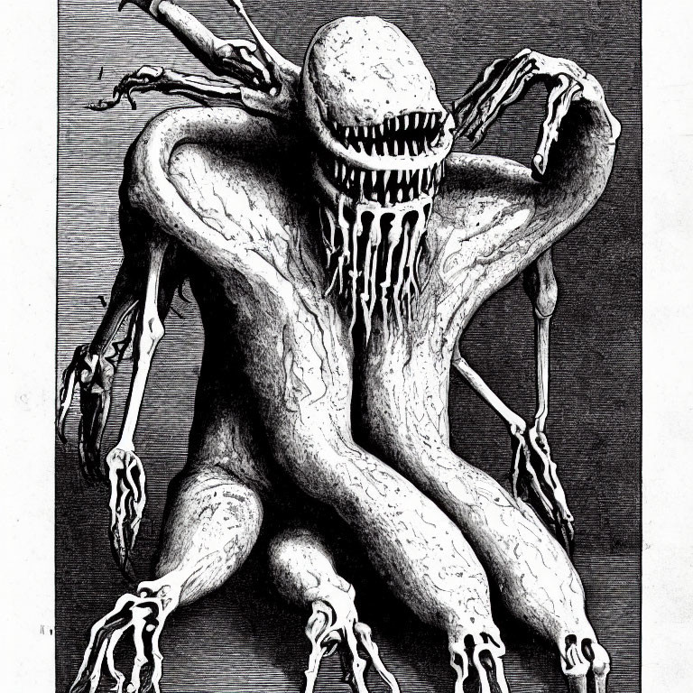 Monochrome drawing of a sinister, humanoid creature with long limbs and sharp claws