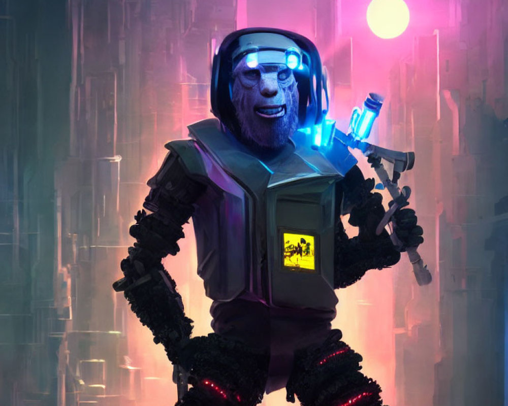 Futuristic gorilla in space suit with cityscape and pink sun