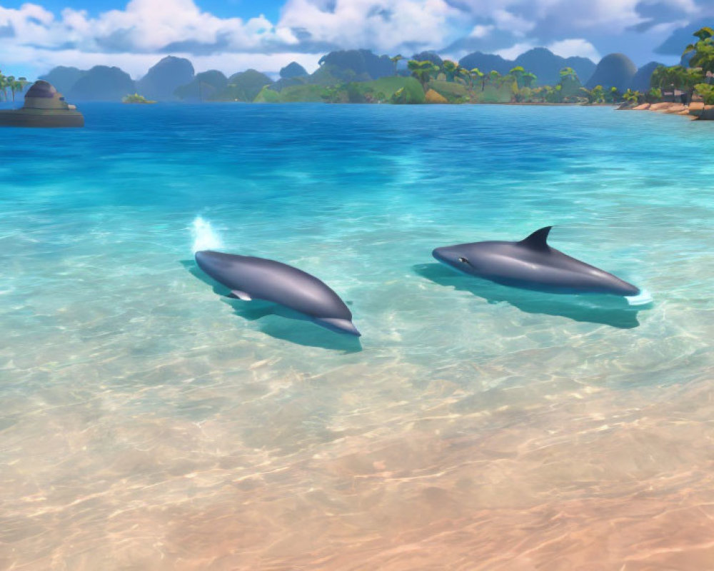 Dolphins swimming near shore in clear water with tropical islands.