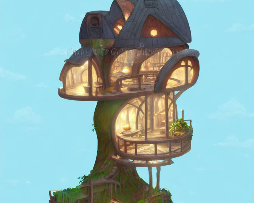 Multi-level whimsical treehouse with shingled roof and large windows nestled in a verdant tree