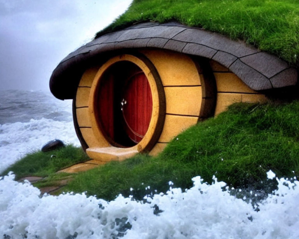 Round-door Hobbit-style house on lush hillside with ocean view