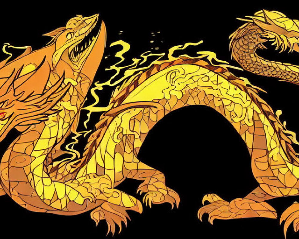 Fiery Orange Dragon Illustration with Yellow Accents and Green Flames