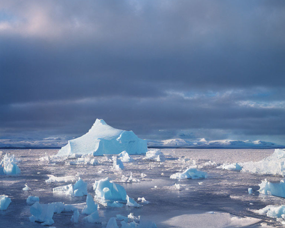 Tranquil Arctic landscape with large iceberg and floating ice pieces