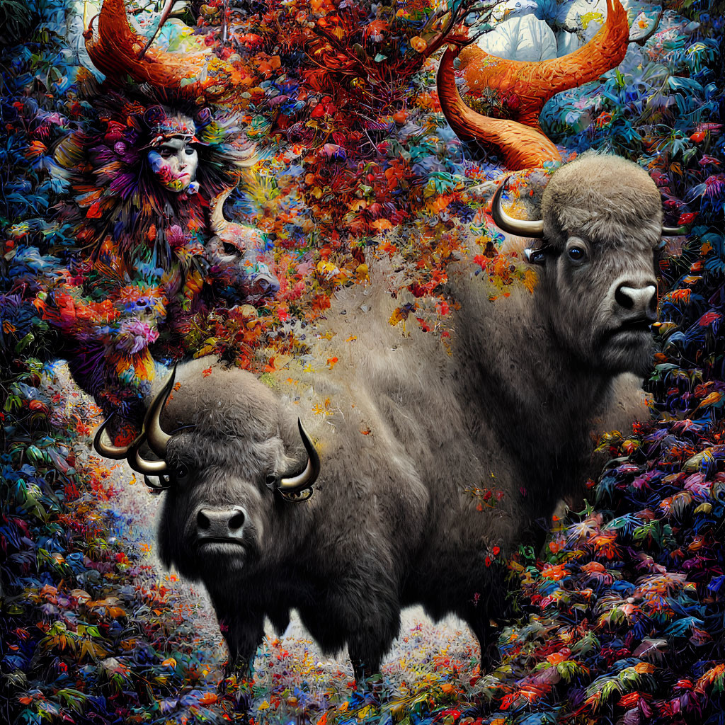 Colorful surreal artwork: Two bison in floral forest with mystical lion-like creature